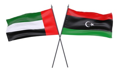 UAE and Libya, two crossed flags isolated on white background. 3d image