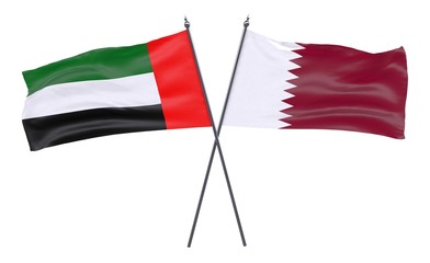 UAE and Qatar, two crossed flags isolated on white background. 3d image