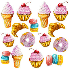 seamless pattern dessert sweetness food cupcake donut candy ice cream croissant macarons strawberry in chocolate watercolor illustration