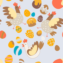 Easter chicken and eggs on light grey background pattern