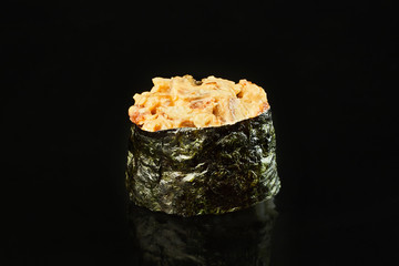 Sushi with smoked eel on black background for menu. Japanese food