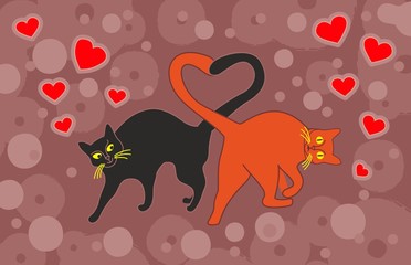 Cats in love cuddled tails heart shape on a festive background. Vector illustration