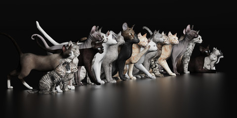 Lots of cats together in lline 3d render