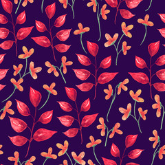 yellow flowers and red leaves painted on a dark blue color