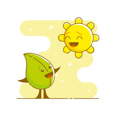 Cute laughing friends: a leaf and the sun. Funny characters. Yellow blob with sparkling stars in the background. Linear style illustration. Vector.