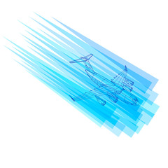 Background with flying plane. Logo with the contour of a flying plane and blue lines. Vector illustration