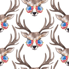 Cute watercolor deer in sunglasses with USA flag print. Seamless pattern