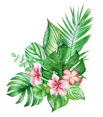 Beautiful bouquet with watercolor tropical plants and flowers