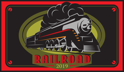 Colorful retro posters with vintage locomotive. Vector illustration