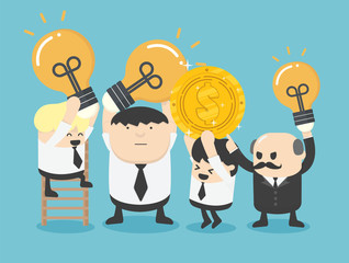 Illustration Concept happy businessman holding light bulb with coins