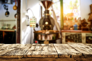 Wooden old desk of free space for your decoration and coffee machine 