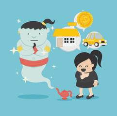 Illustration Concept  businesswoman with aladdin's genie and  Three wishes