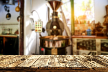 Wooden old desk of free space for your decoration and coffee machine 