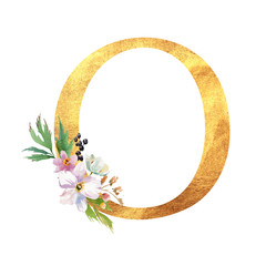 Romantic gold letter A with drawn watercolor flowers. Elegant emblem for book design, brand name, wedding invitation thanks card