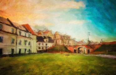 Beautiful old european town. Vintage cityscape. Oil painting original wall art print in large size for interior design decor. Impressionism modern pictorial. Contemporary mixed drawing on canvas.