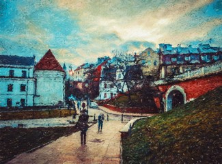 Fototapeta na wymiar Beautiful old european town. Vintage cityscape. Oil painting original wall art print in large size for interior design decor. Impressionism modern pictorial. Contemporary mixed drawing on canvas.