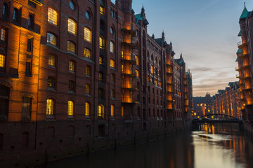 Speicherstadt of Hamburg, Germany at night