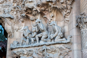 Closeup of Statues on Exterior of Sagrada Familia Church in Barcelona, Spain