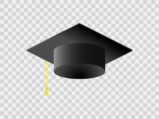 Black square academic cap isolated on light transparent background. Magistr hat. cum laude. Great Britain university, institute. University or high school graduation. realistic icon