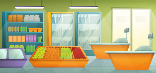 Cartoon supermarket with furniture and products, vector illustration