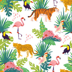 Vector flat tropical seamless pattern with hand drawn jungle plants and elements, animals, birds isolated. Toucan, flamingo, tiger. For packaging paper, cards, wallpapers, gift tags, nursery decor etc