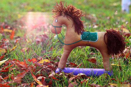 Soft Handmade Textile Toy Of Liitle Horse On Grass