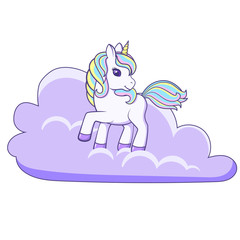 Cute Cartoon Unicorn standing on cloud. Vector illustration