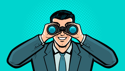 Businessman looks at the target through binoculars. Business vector illustration