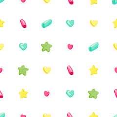 Simple pattern with hearts, stars and circles. Seamless vector.