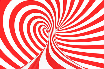 Swirl optical 3D illusion raster illustration. Contrast red and white spiral stripes. Geometric torus image with lines, loops.