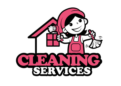 Happy housekeeper and hardworking woman cleaning services. Cartoon character cleaner holds dust brushes and house background. Vector illustration on white background. - Vector