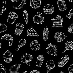 A Seamless Background Vector Sketch Pattern Of Deli Grocery Food And Drink: Coffee, Soda, Meat, Vegetables, Bakery