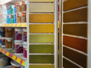 wood stain color samples in building material store
