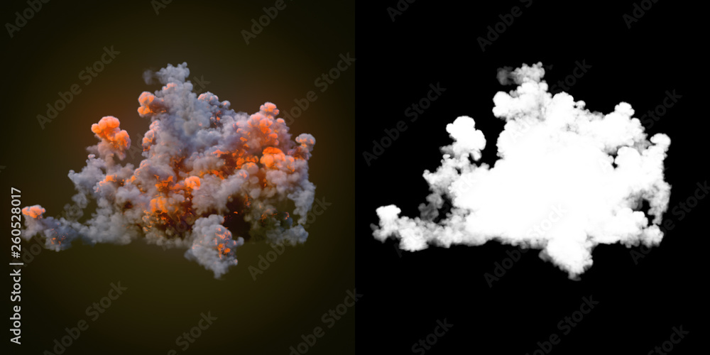 Poster Composition with large explosions in dark plus alpha channel. 3d rendering