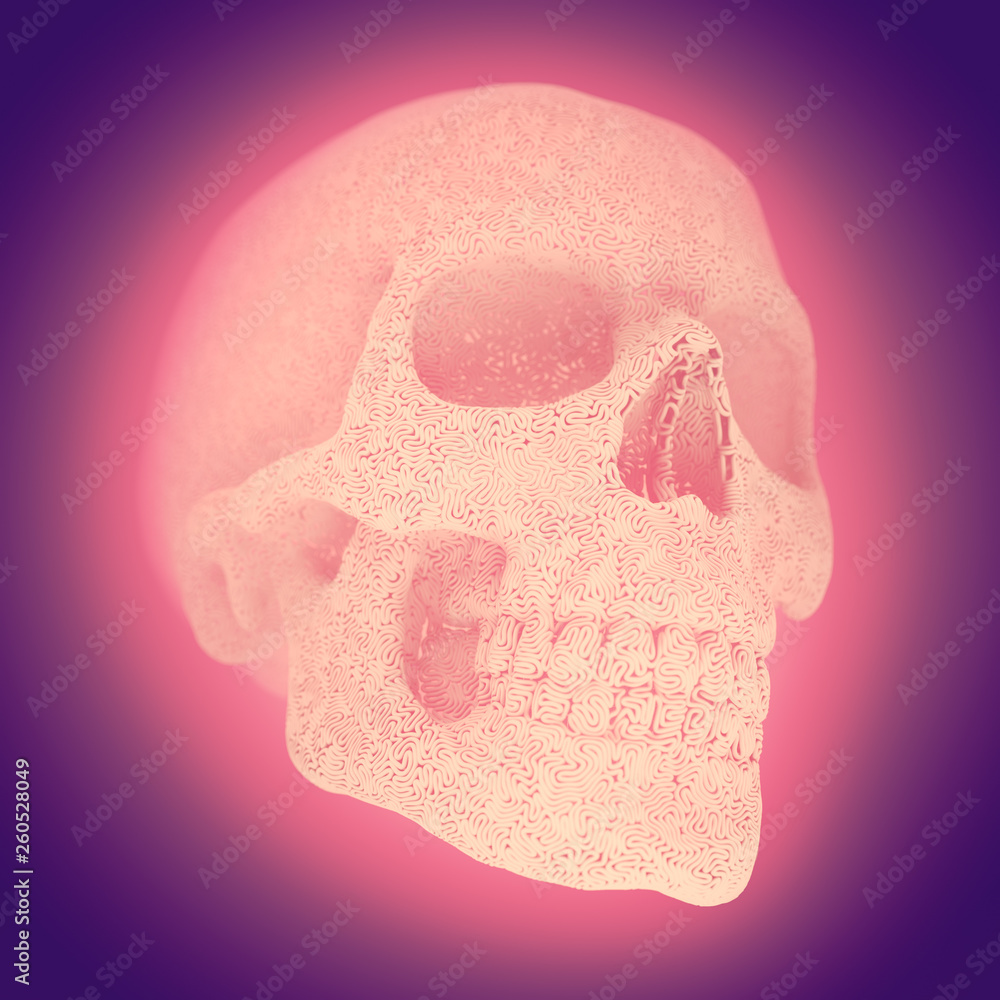 Poster computer generated abstract plastic wire skull surrounded by pink mist. geometric modern pattern. 3d