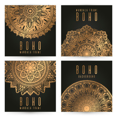Vector vintage mandala card set,gold color. Oriental design Layout. Islam, Arabic, Indian, ottoman motifs. Front page and back page. Ethnic design.