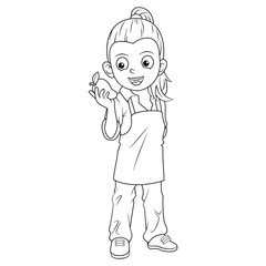 Cartoon Black and White Line art girl farmer holding a mango