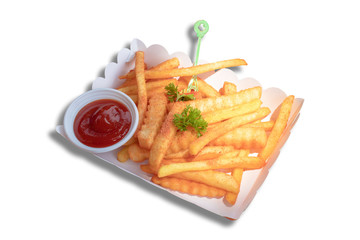 Isolated French fries and tomato sauce in the paper box on a white background with clipping path.