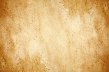 Yellow brown stained paper. Rustic grunge parchment. Empty copy space antique secret message background.