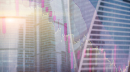 Universal finance abstract background Economic growth graph chart on futuristic city. Double exposure.