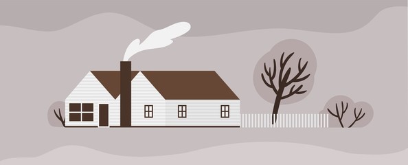 Facade of town house or cottage in Scandic style. Wooden Scandinavian building with fence. Modern suburban residence or dwelling, farmstead, household or ranch. Monochrome vector illustration.