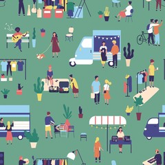 Seamless pattern with garage sale, outdoor festival, summer fair. Backdrop with food trucks, people walking, buying and selling goods in park. Flat cartoon vector illustration for wrapping paper.