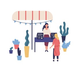 Stall or counter with handmade jewelry or bijouterie, female seller and customer at summer outdoor festival, creative market or fair. Garage sale in park. Flat colorful cartoon vector illustration.