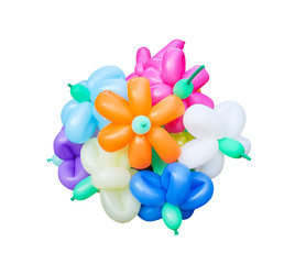 Colorful bunch of multicolored balloons in flower patterns isolated on white background with clipping path
