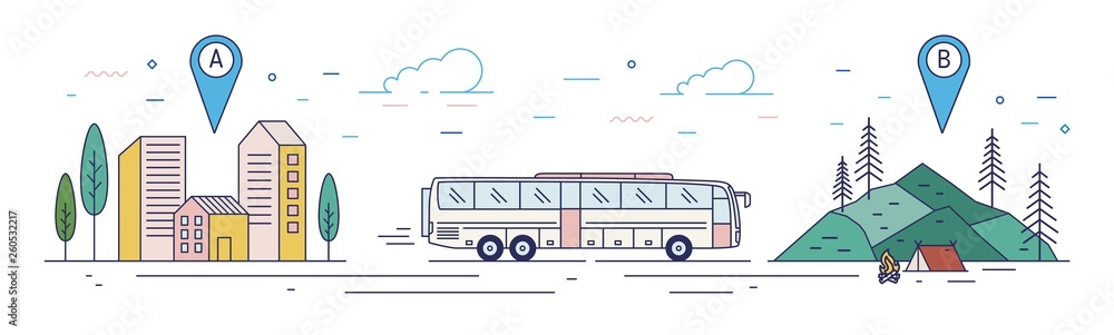 Poster horizontal banner with bus riding along road from departure point towards camping at destination poi