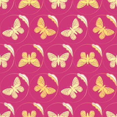 Fototapeta na wymiar Golden yellow butterflies framed by delicate single leaf circles. Seamless hand drawn vector pattern on vibrant pink background. Great for wellbeing, beauty, products, packaging, home decor, giftwrap