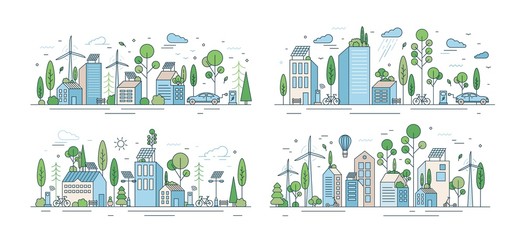 Collection of cityscapes or urban landscapes with eco city using ecologically friendly technologies - wind power, solar energy, electric transport. Modern vector illustration in line art style.