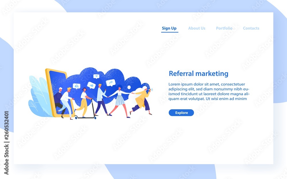 Poster website template with group of people or customers holding hands and walking out of giant smartphone
