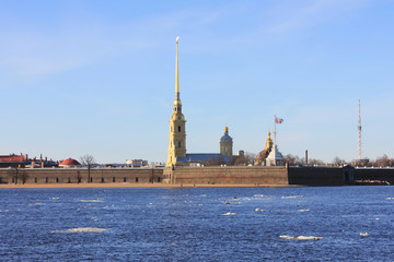 Peter and Paul Fortress on Hare's island view from Neva river embankment in St. Petersburg, Russia