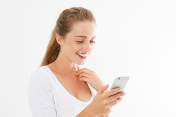 Good news phone. Excited happy girl reading good news on smart phone standing in white transparent...